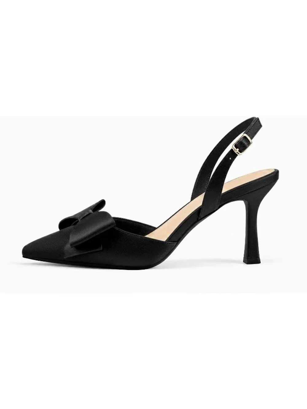 Women's Black Rubber Satin Bow Slingback Kitten Heels Closed Pointed Toe Pumps